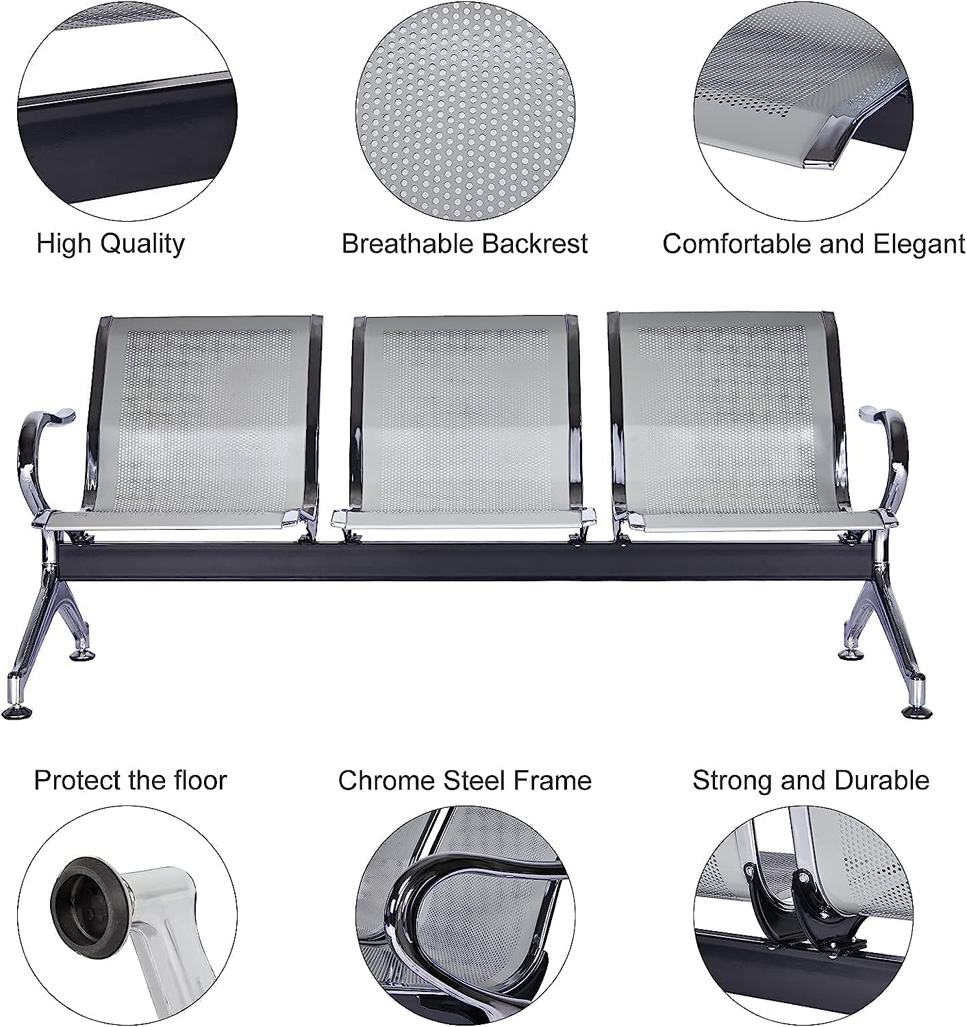 3-link nonpadded metallic office bench - Image 5