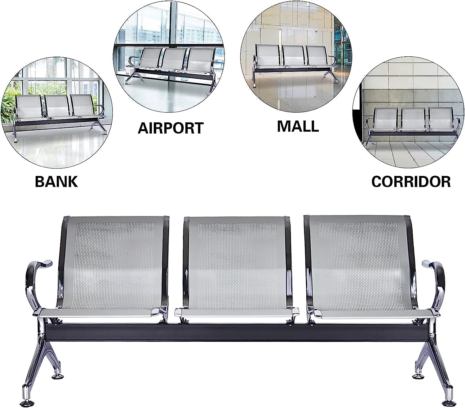 3-link nonpadded metallic office bench - Image 6