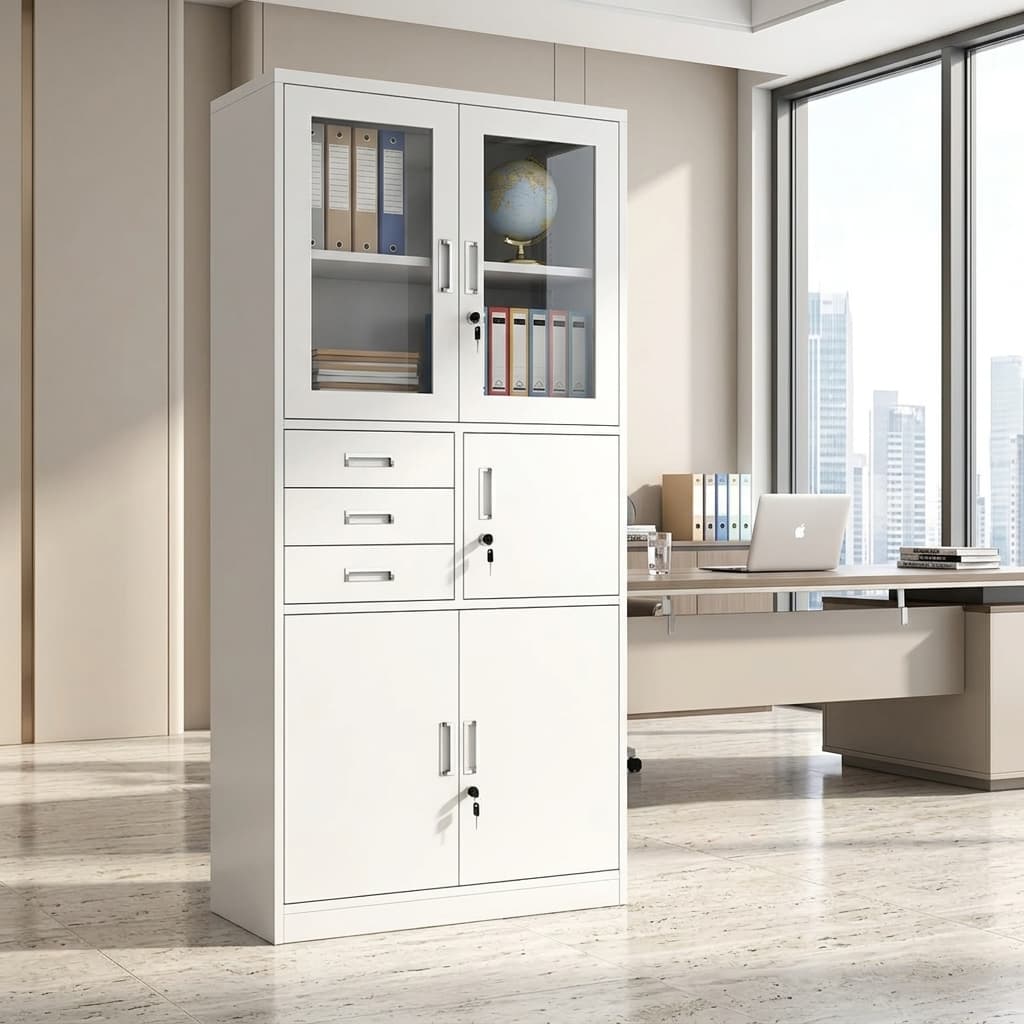Office cabinet with safe, drawers and glazed doors