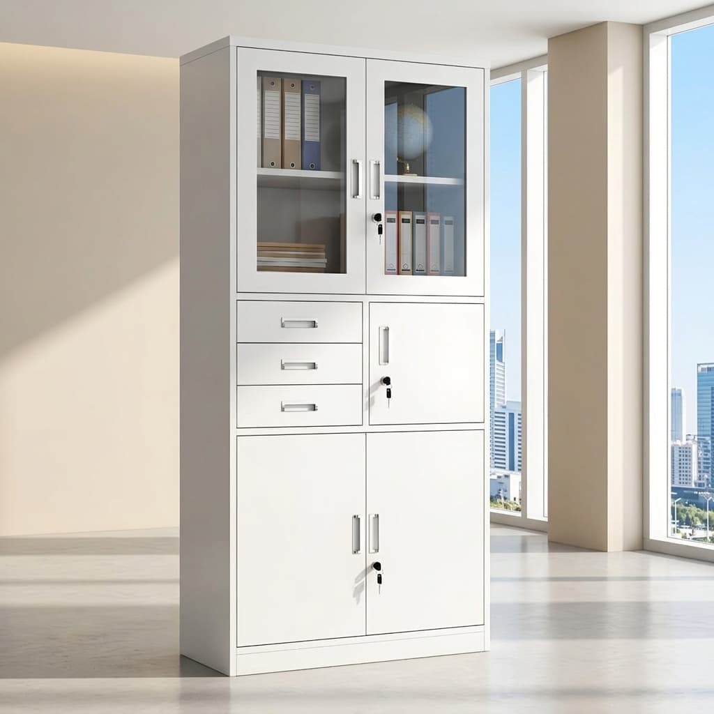 Office cabinet with safe, drawers and glazed doors