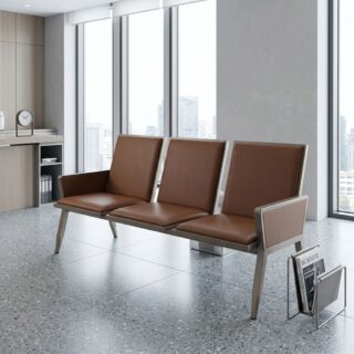 Heavy-duty waiting bench with three padded brown seats