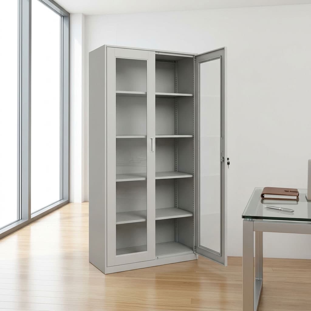 2-Door Metallic Filing Cabinet with transparent doors and shelves
