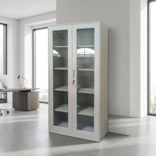 2-Door Metallic Filing Cabinet with transparent doors and shelves