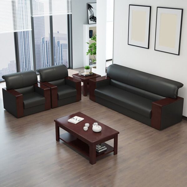 5-Seater Leather Office Sofa w/Walnut Arms