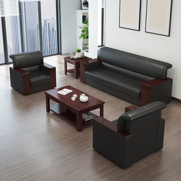 5-Seater Leather Office Sofa w/Walnut Arms