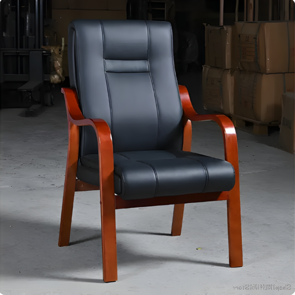 Black Leather Meeting Chair with Walnut Veneered Arms