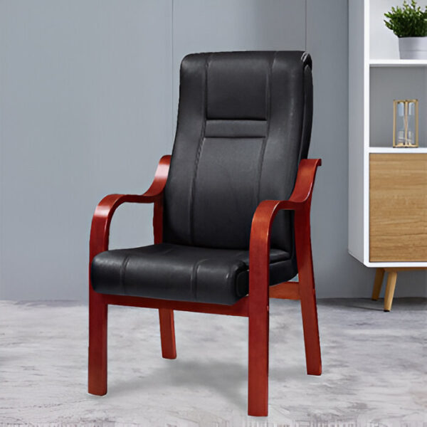 Black Leather Meeting Chair with Walnut Veneered Arms