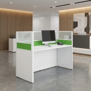 Single-person modular office workstation desk with wood top and black privacy screen for corporate offices