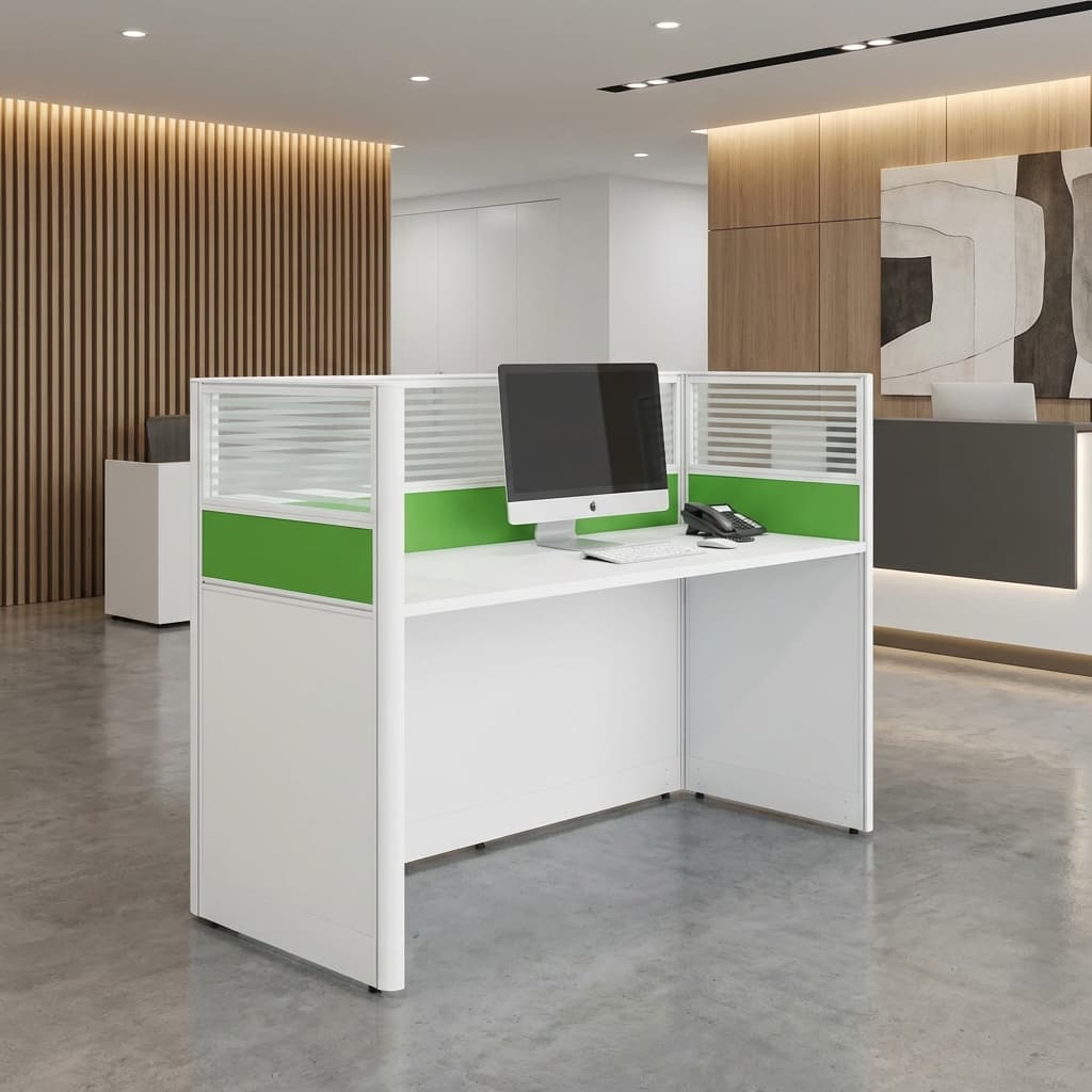 Single-person modular office workstation desk with wood top and black privacy screen for corporate offices