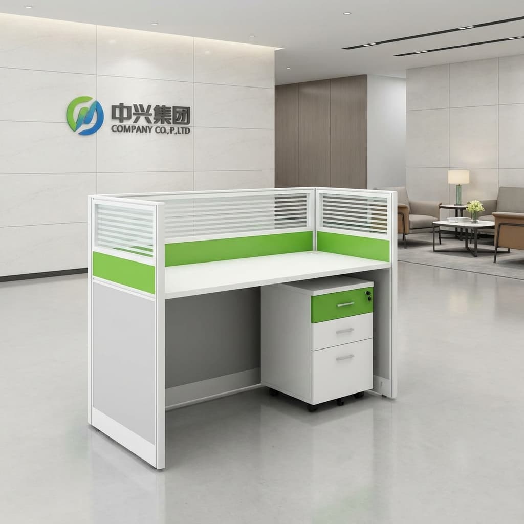 Single-person modular office workstation desk with wood top and black privacy screen for corporate offices