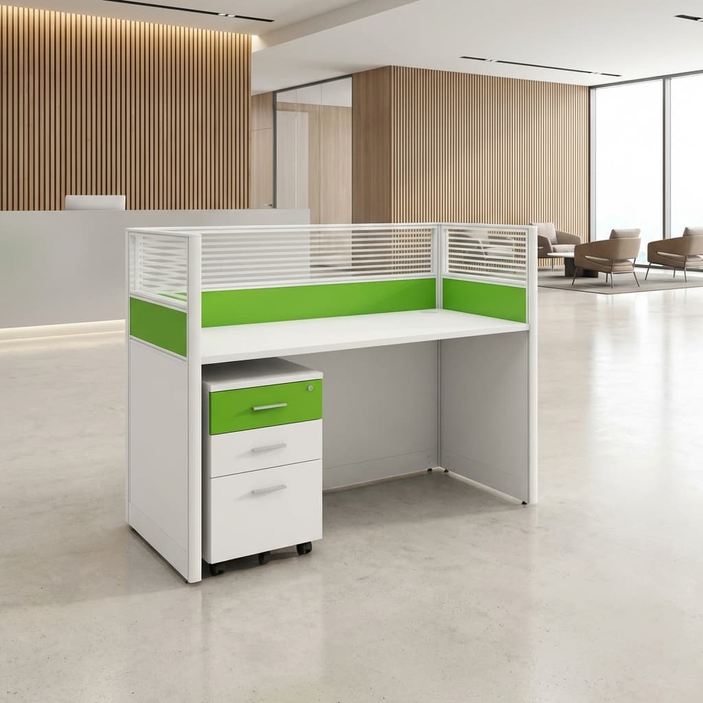 Single-person modular office workstation desk with wood top and black privacy screen for corporate offices