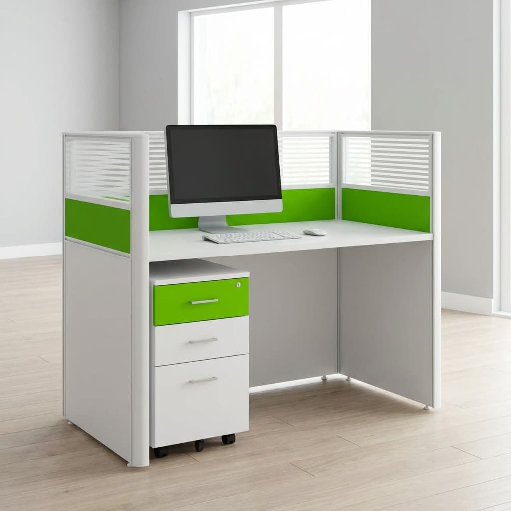 Single-person modular office workstation desk with wood top and black privacy screen for corporate offices