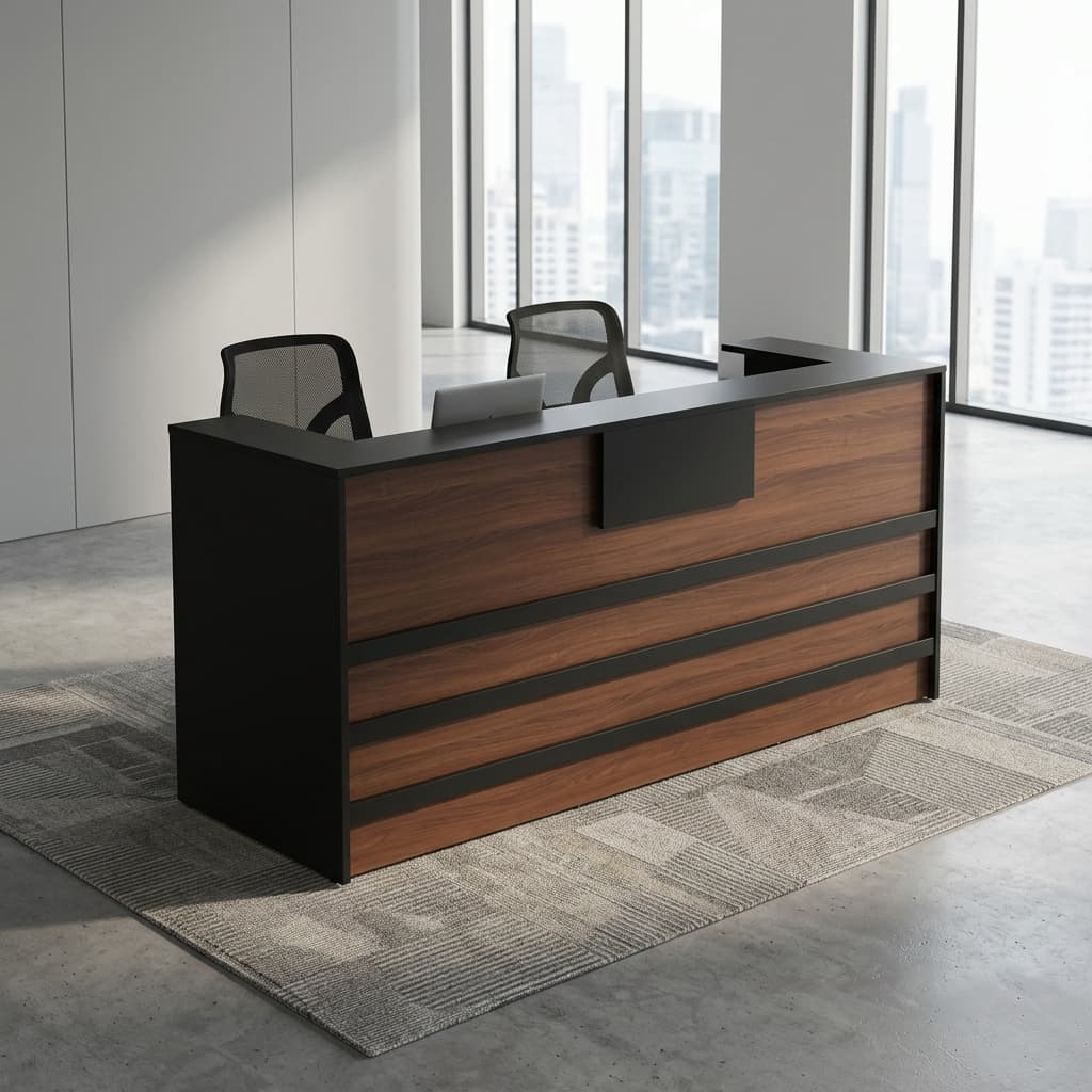 A long rectangular wooden reception desk in a warm brown walnut finish, featuring three bold horizontal black stripe accents along the front panel and a matching black rectangular privacy transaction plate mounted at the top center.