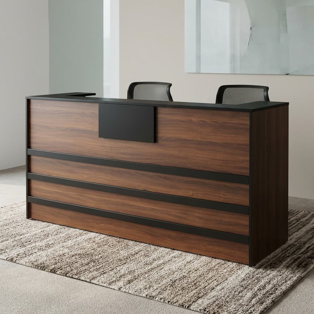 A long rectangular wooden reception desk in a warm brown walnut finish, featuring three bold horizontal black stripe accents along the front panel and a matching black rectangular privacy transaction plate mounted at the top center.