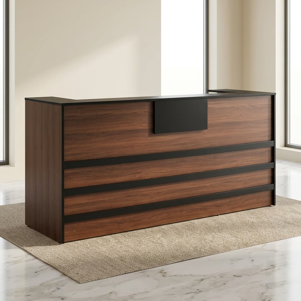 A long rectangular wooden reception desk in a warm brown walnut finish, featuring three bold horizontal black stripe accents along the front panel and a matching black rectangular privacy transaction plate mounted at the top center.