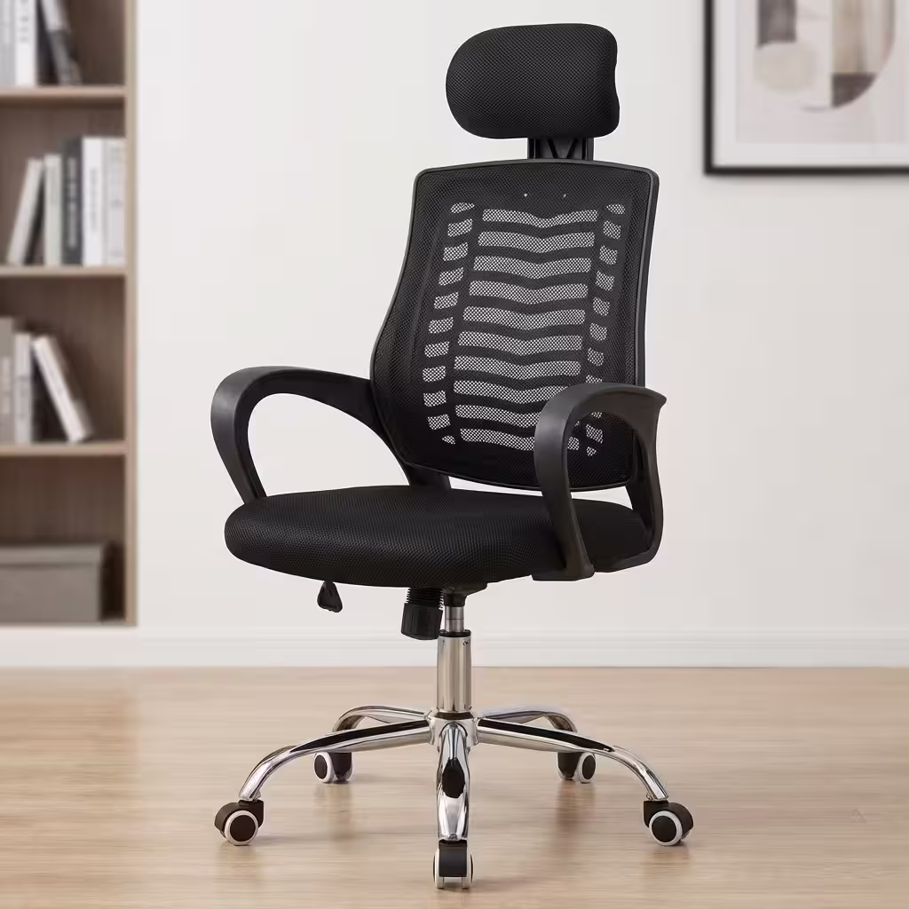 Ergonomic black mesh swivel office chair featuring an adjustable headrest, curved mesh backrest with white support accents, and a polished chrome 5-star wheeled base.