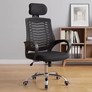 Ergonomic black mesh swivel office chair featuring an adjustable headrest, curved mesh backrest with white support accents, and a polished chrome 5-star wheeled base.