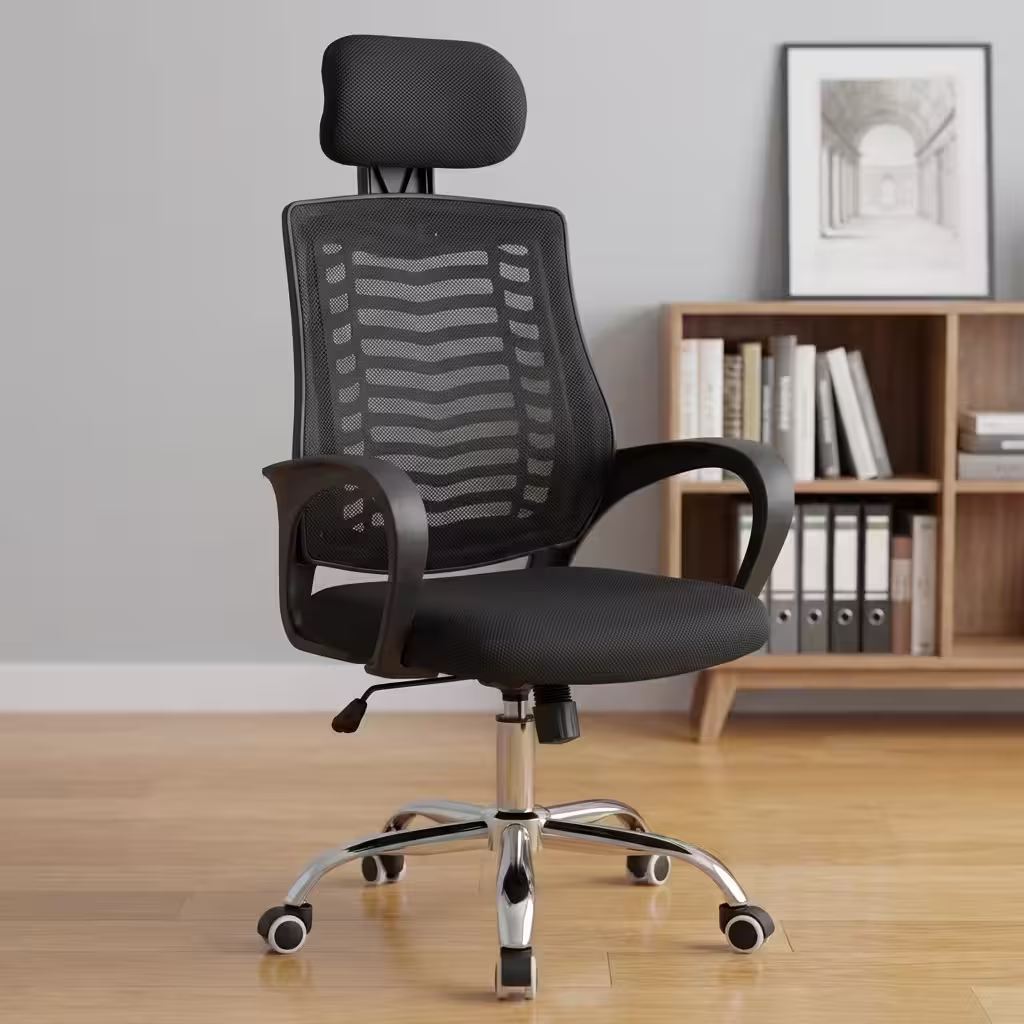 Ergonomic black mesh swivel office chair featuring an adjustable headrest, curved mesh backrest with white support accents, and a polished chrome 5-star wheeled base.