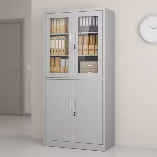 Light gray metallic file storage cabinet featuring two top tempered glass doors showing ring binders and two bottom solid metal locking doors.