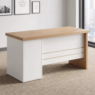 Modern 1.4m executive office desk with a thick light oak wood top, a matte white modesty panel featuring horizontal grooved accents, an integrated white side storage pedestal, and a built-in silver cable wire grommet on the desktop.