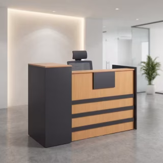 A 1.4m Wooden Reception Desk featuring a light natural wood grain front panel with horizontal charcoal grey accent stripes, an integrated tall charcoal side pillar, and an upper privacy transaction ledge.