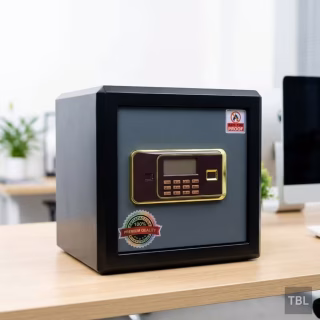 A dark grey and black 31kg Digital Fireproof Safe featuring a rectangular gold-trimmed electronic keypad with an LCD screen, a fireproof certification badge, and a solid steel vault door.