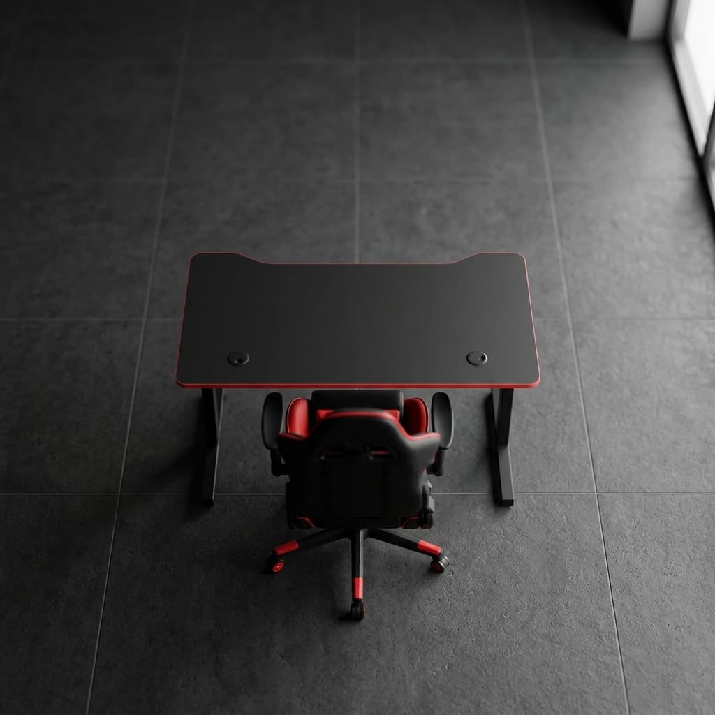 An Ergonomic Gaming Desk Set featuring a matte black rectangular desk with red edges and Z-shaped metal legs alongside a matching high-back red and black racing chair on wheels.