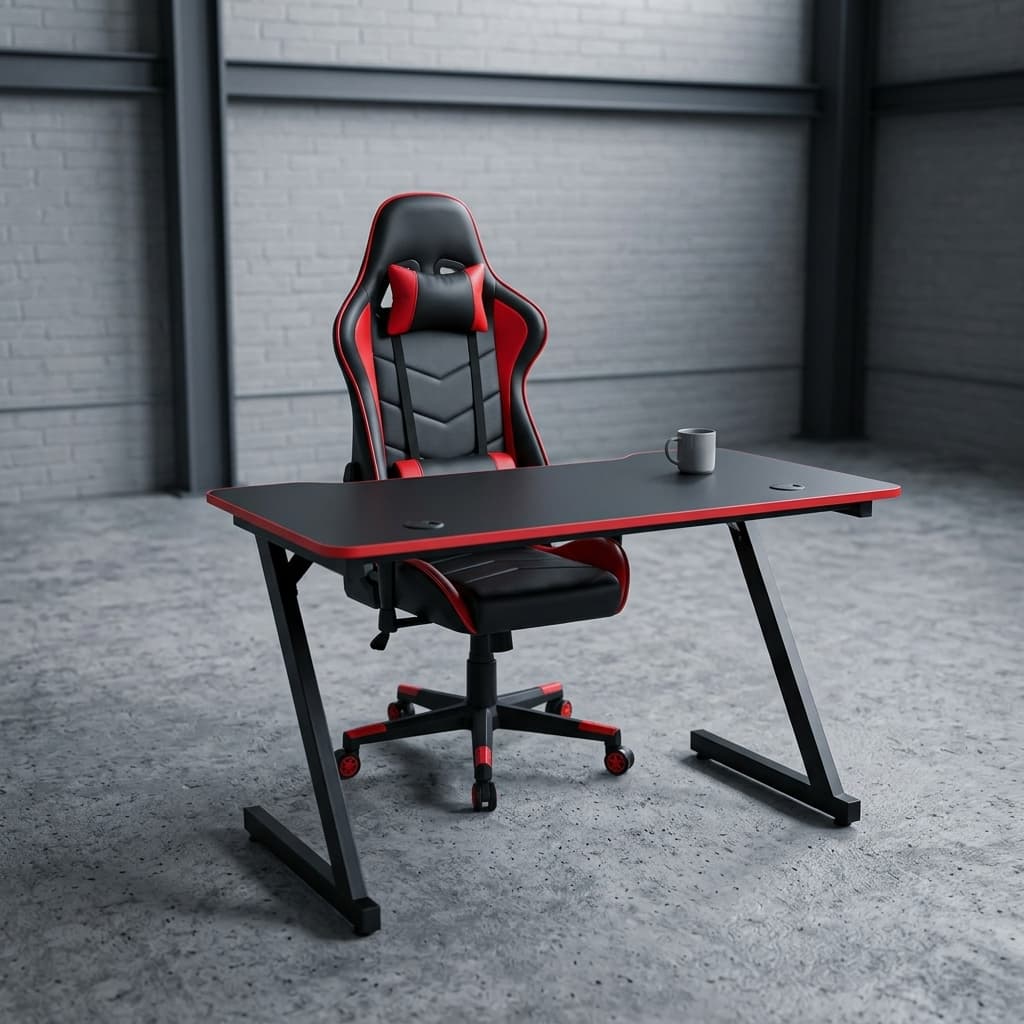 An Ergonomic Gaming Desk Set featuring a matte black rectangular desk with red edges and Z-shaped metal legs alongside a matching high-back red and black racing chair on wheels.