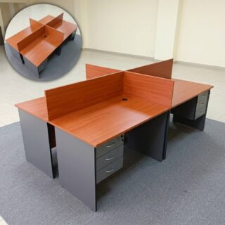 A cherry wood and grey 4-Person Desk With Drawers arranged in a cross-shaped layout with matching wooden privacy panels and built-in locking three-drawer cabinets.