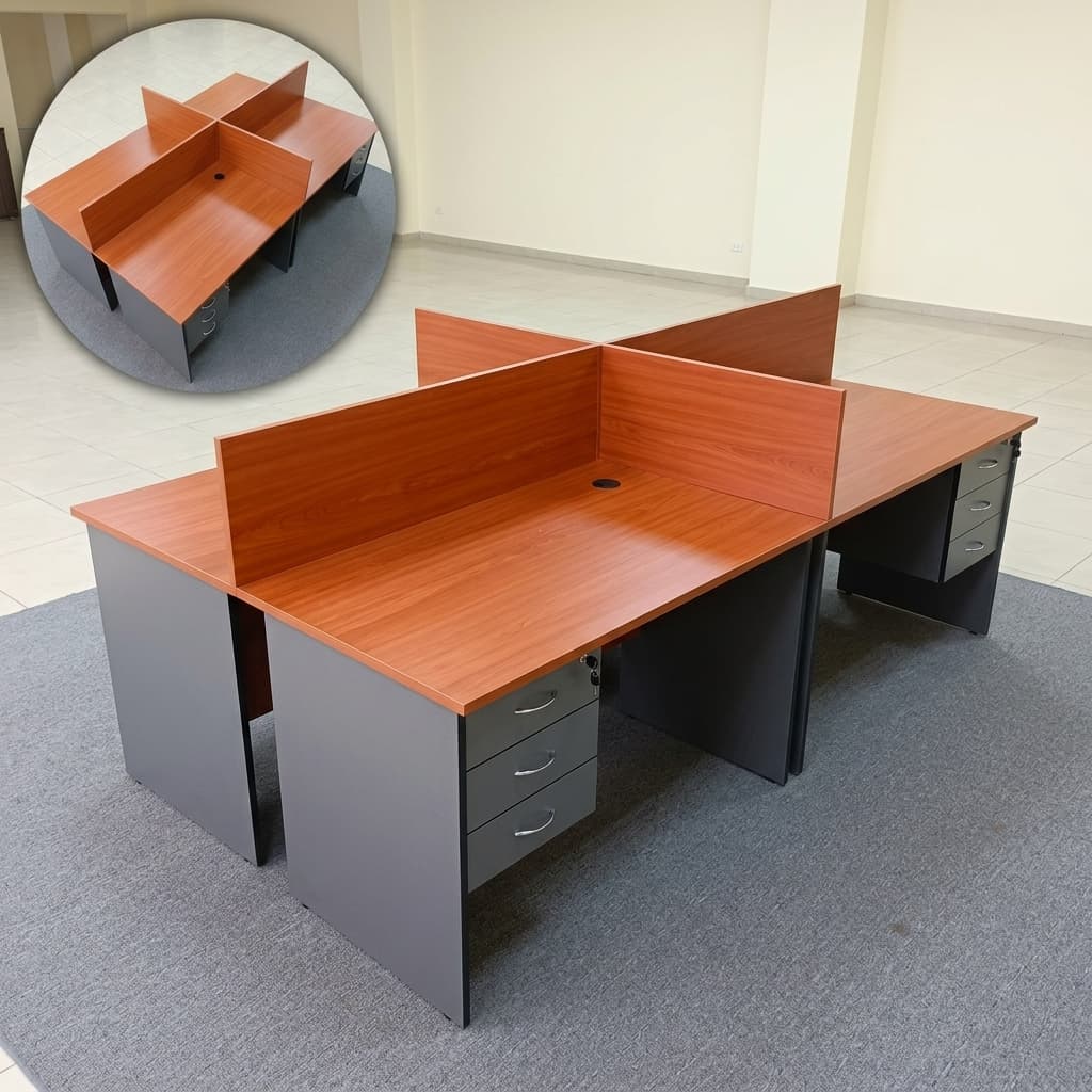 A cherry wood and grey 4-Person Desk With Drawers arranged in a cross-shaped layout with matching wooden privacy panels and built-in locking three-drawer cabinets.