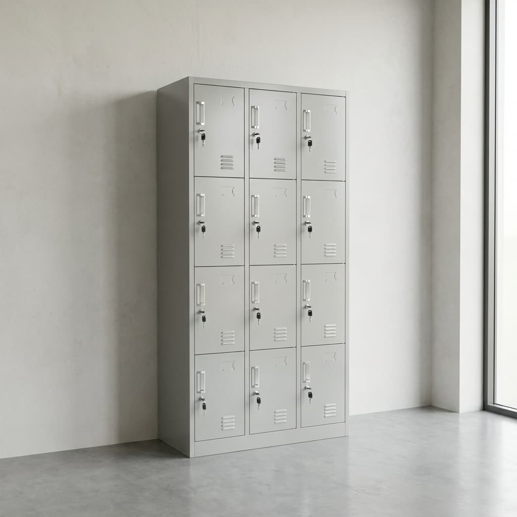 A tall, light grey steel 12-Door Metal Storage Locker unit featuring twelve individual locking doors arranged in three vertical columns with ventilation slots.