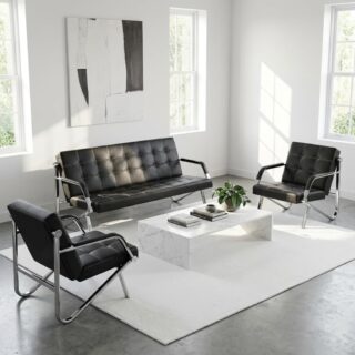 A contemporary three-piece Executive Office Sofa Set featuring a three-seater sofa and two matching single armchairs in black grid-tufted leather with polished chrome steel frames.