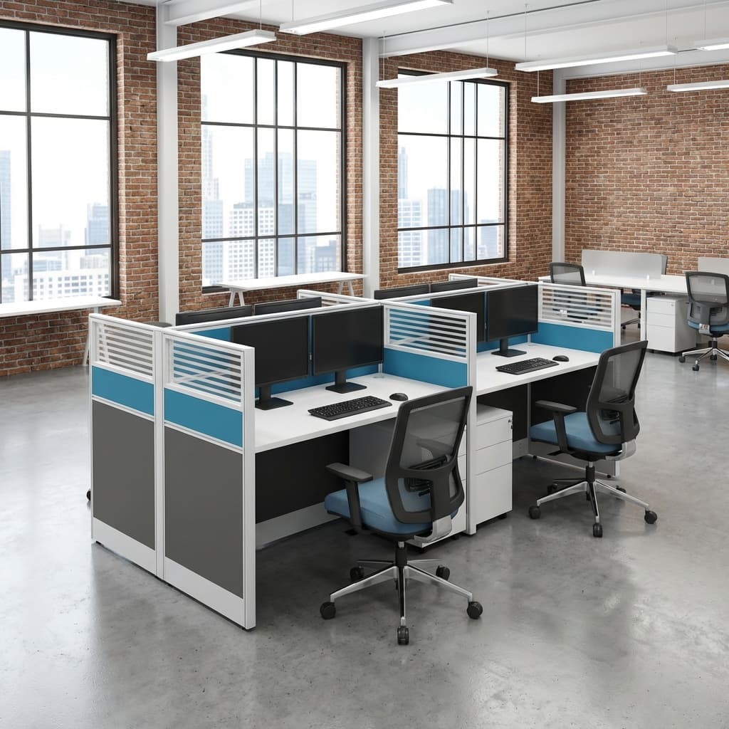 A modular 4-Way Modular Office Workstation featuring four white tabletops arranged in a back-to-back layout separated by grey, blue, and frosted glass privacy partition screens.