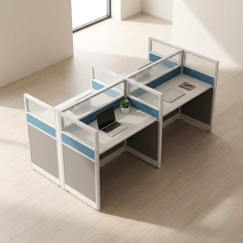 A modular 4-Way Modular Office Workstation featuring four white tabletops arranged in a back-to-back layout separated by grey, blue, and frosted glass privacy partition screens.