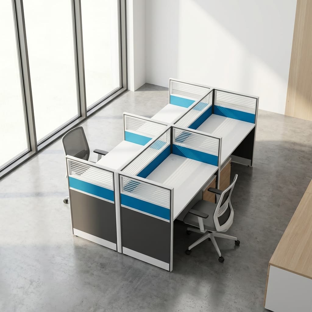 A modular 4-Way Modular Office Workstation featuring four white tabletops arranged in a back-to-back layout separated by grey, blue, and frosted glass privacy partition screens.