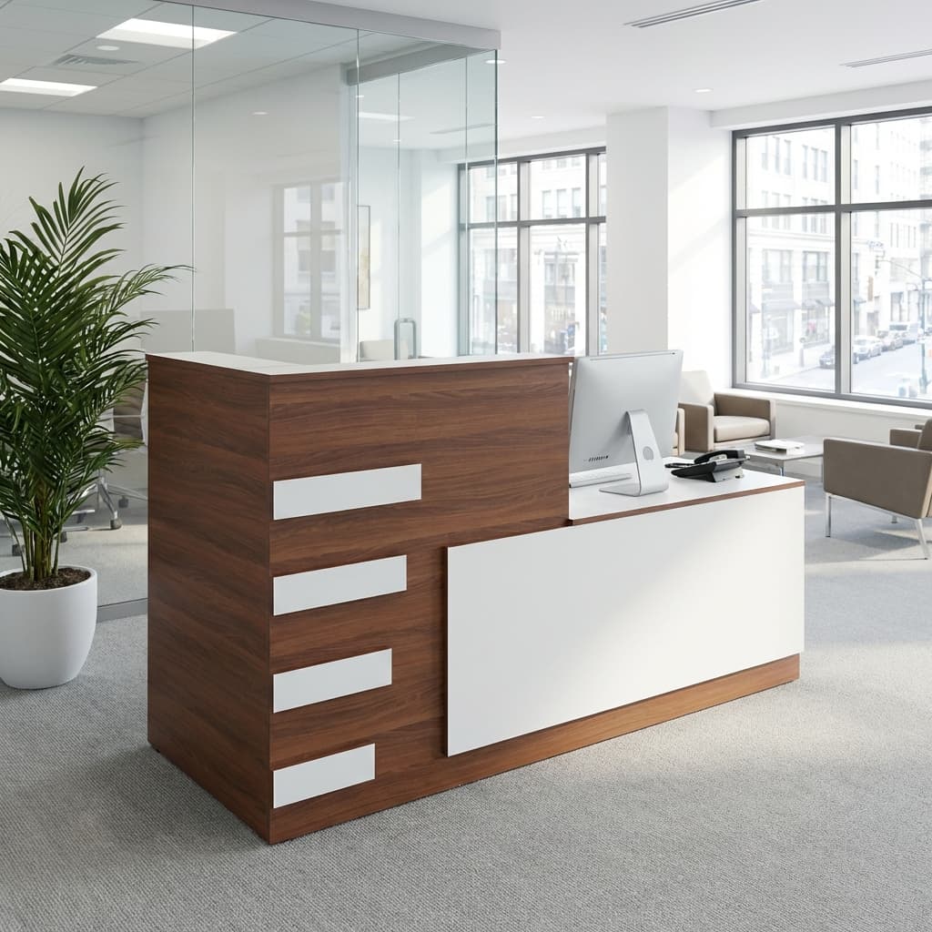 A wooden 1.8m Modern Reception Desk featuring a light natural wood grain structure with horizontal white accent slats, an integrated tall side pillar, and a white lower front modesty panel.