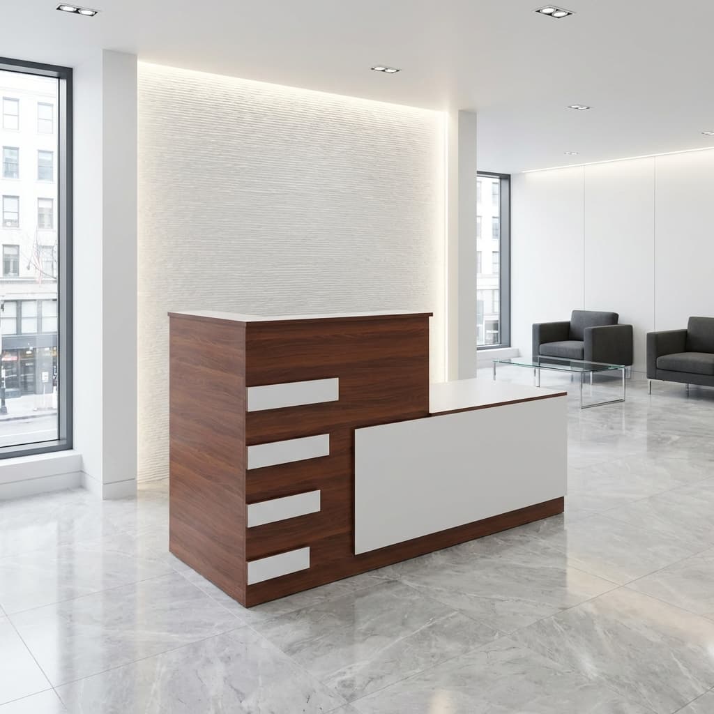 A wooden 1.8m Modern Reception Desk featuring a light natural wood grain structure with horizontal white accent slats, an integrated tall side pillar, and a white lower front modesty panel.