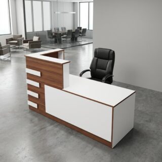 A wooden 1.8m Modern Reception Desk featuring a light natural wood grain structure with horizontal white accent slats, an integrated tall side pillar, and a white lower front modesty panel.
