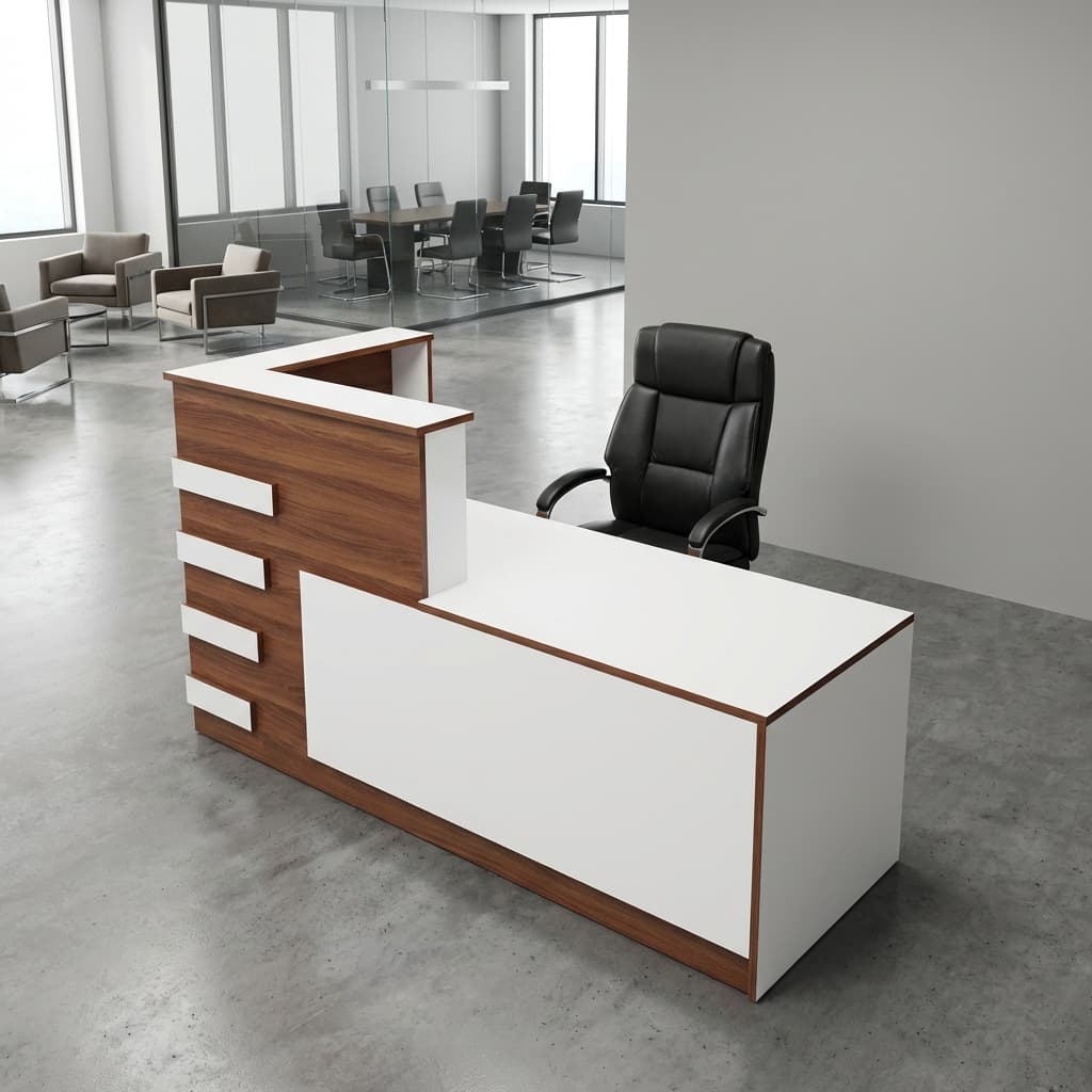 A wooden 1.8m Modern Reception Desk featuring a light natural wood grain structure with horizontal white accent slats, an integrated tall side pillar, and a white lower front modesty panel.