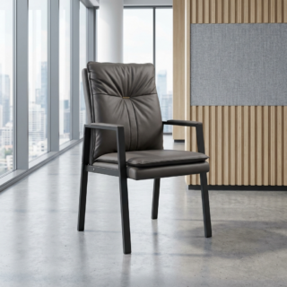 An office accent armchair featuring deep espresso brown leather upholstery, a tufted backrest with a small gold accent piece, leather-topped black metal armrests, and a black square steel frame.