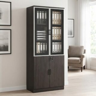 A tall, dark oak Wooden Glass Door Cabinet featuring upper double doors with glass window panels and a lower set of solid wooden locking doors with black handles.