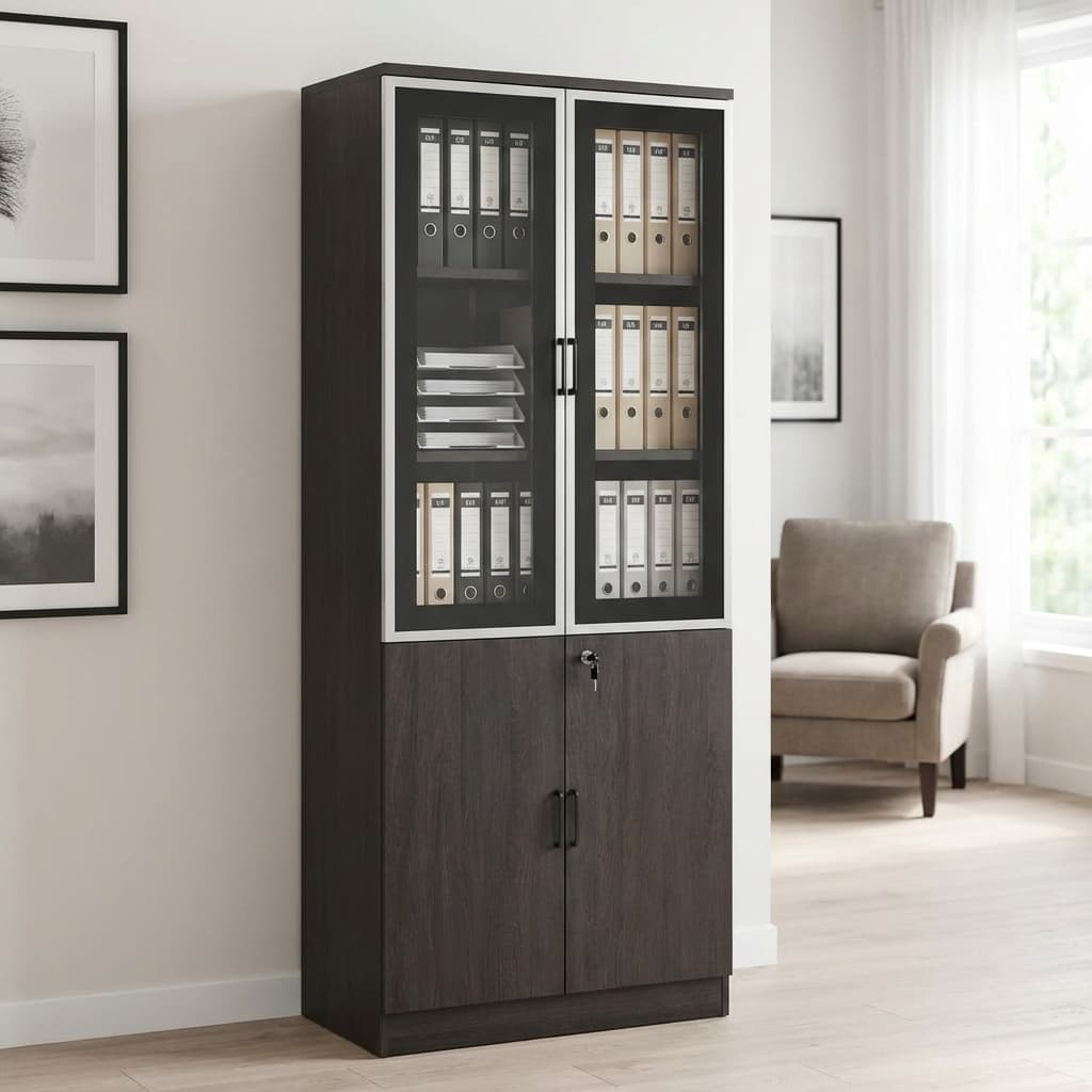 A tall, dark oak Wooden Glass Door Cabinet featuring upper double doors with glass window panels and a lower set of solid wooden locking doors with black handles.
