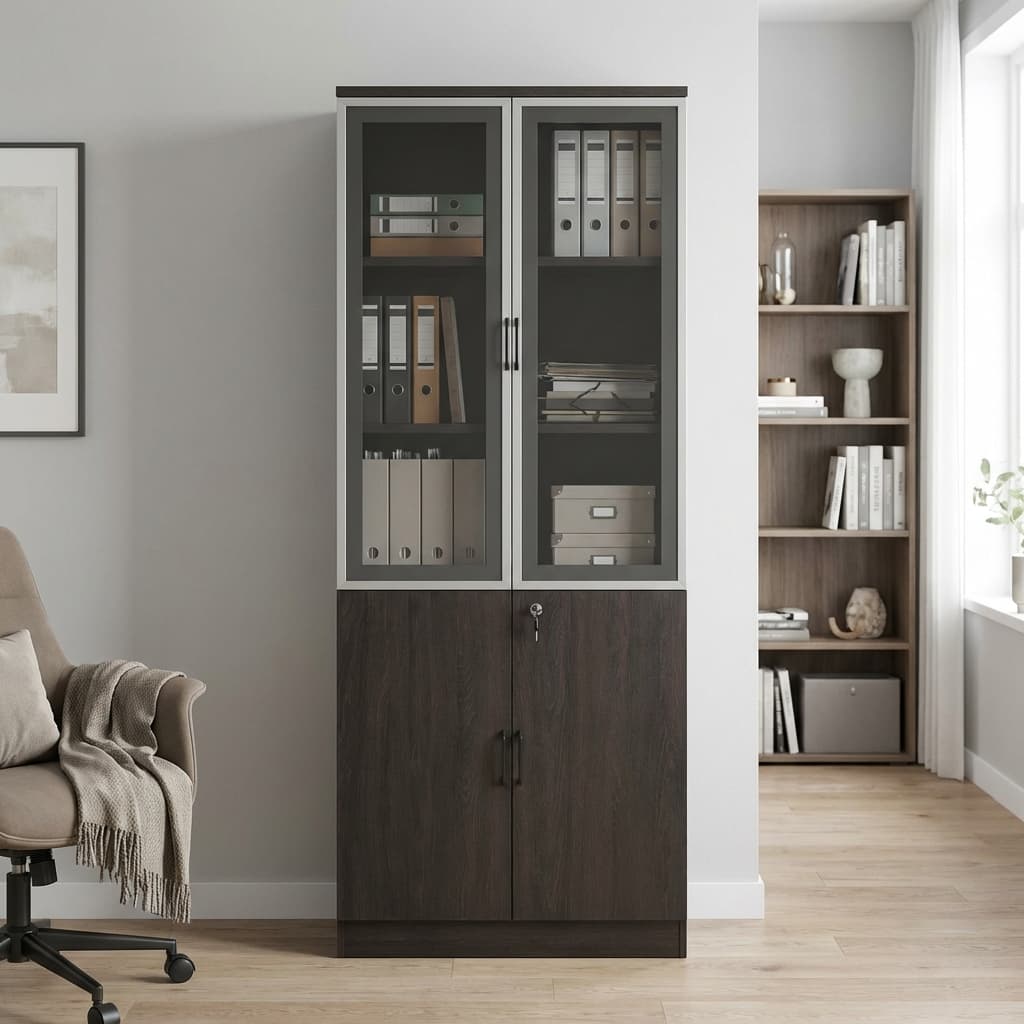 A tall, charcoal dark wood grain Half Glass Filing Cabinet featuring double upper doors with clear glass window panels and double lower solid wooden doors with a key lock.