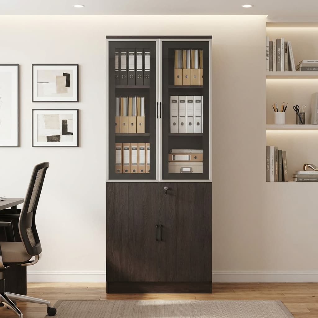 A tall, dark oak Wooden Glass Door Cabinet featuring upper double doors with glass window panels and a lower set of solid wooden locking doors with black handles.