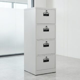 A vertical light grey steel 4-Drawer Metal Filing Cabinet featuring four independent lockable storage drawers with recessed black plastic pull handles and keys inserted in each lock.