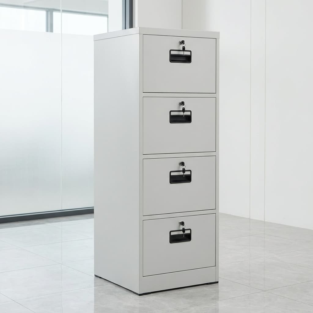 A vertical light grey steel 4-Drawer Metal Filing Cabinet featuring four independent lockable storage drawers with recessed black plastic pull handles and keys inserted in each lock.