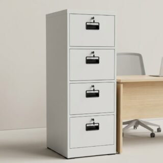 A vertical matte white 4-Drawer Metal Filing Cabinet featuring four independent lockable storage drawers with recessed black plastic pull handles.