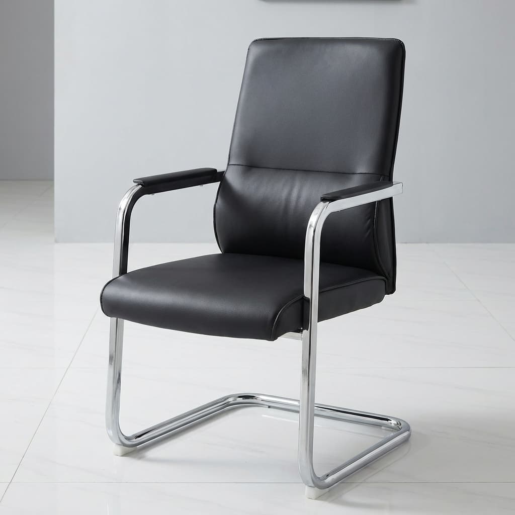 A black leather Executive Leather Sled Chair featuring a high-back stitched seat cushion, a continuous chrome-plated steel cantilever sled base, and matching slim armrests with black padded tops.