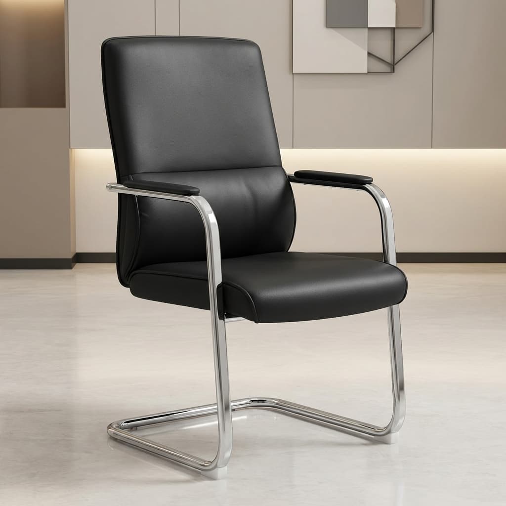 A black leather Executive Leather Sled Chair featuring a high-back stitched seat cushion, a continuous chrome-plated steel cantilever sled base, and matching slim armrests with black padded tops.