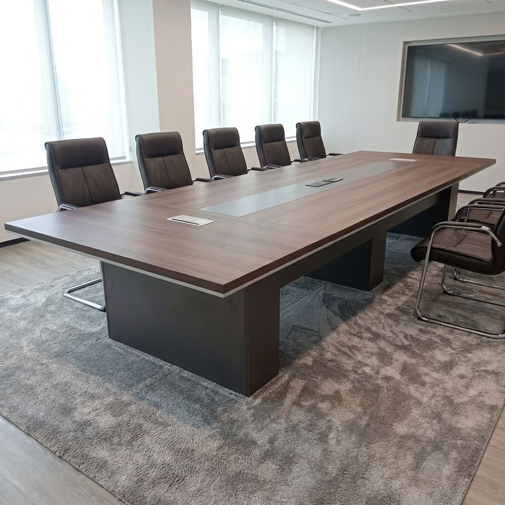 Shop the flagship Executive Boardroom Conference Table. Features a rich walnut finish, integrated multimedia power channels, and large seating capacity.